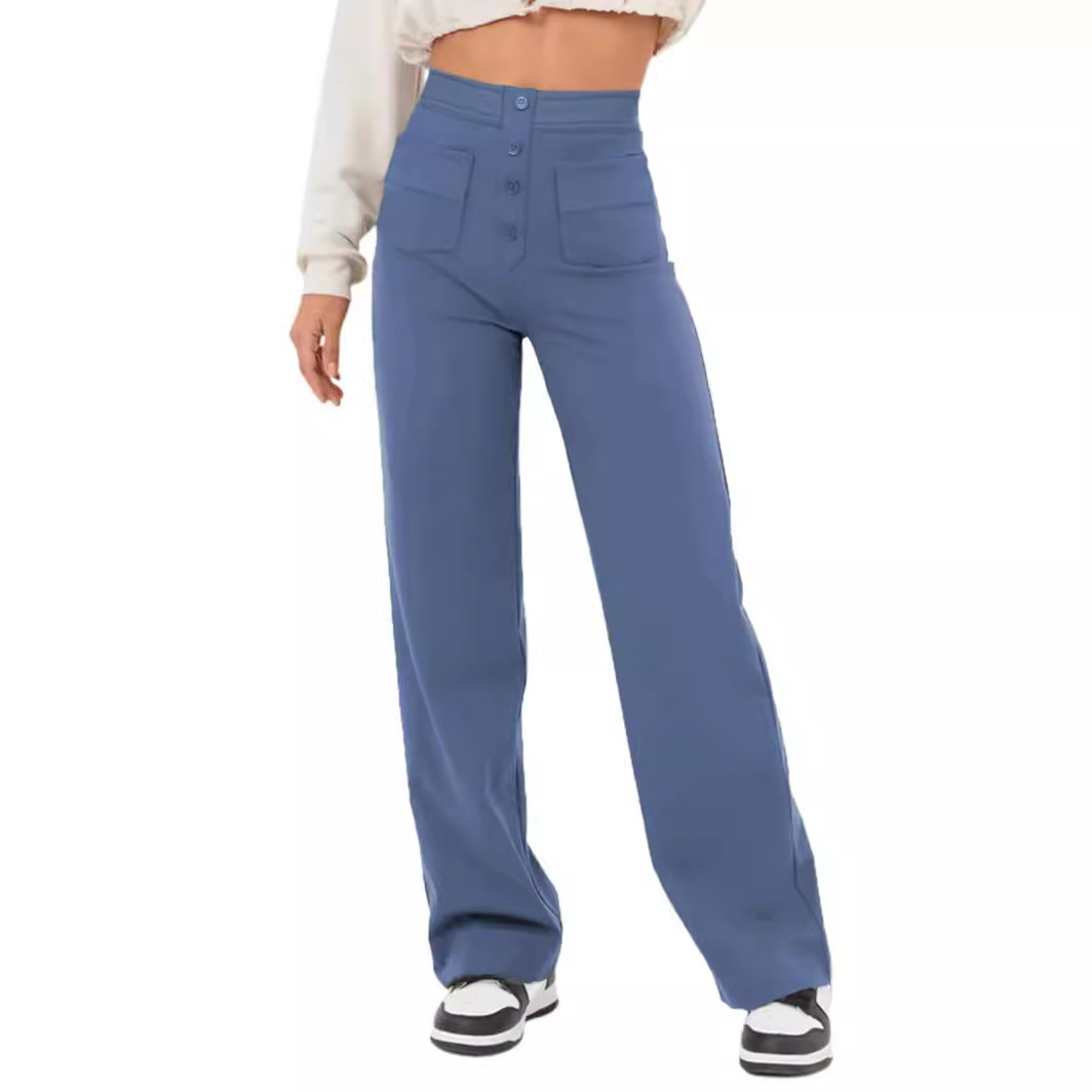 Amazon European and American Fashion New Women's Casual Straight-leg Pants High-waisted Button Elastic Strap Multiple Pockets